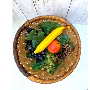 Vintage Woven Splint Lattice Basket Retro Mid Century Wood Fruit Basket